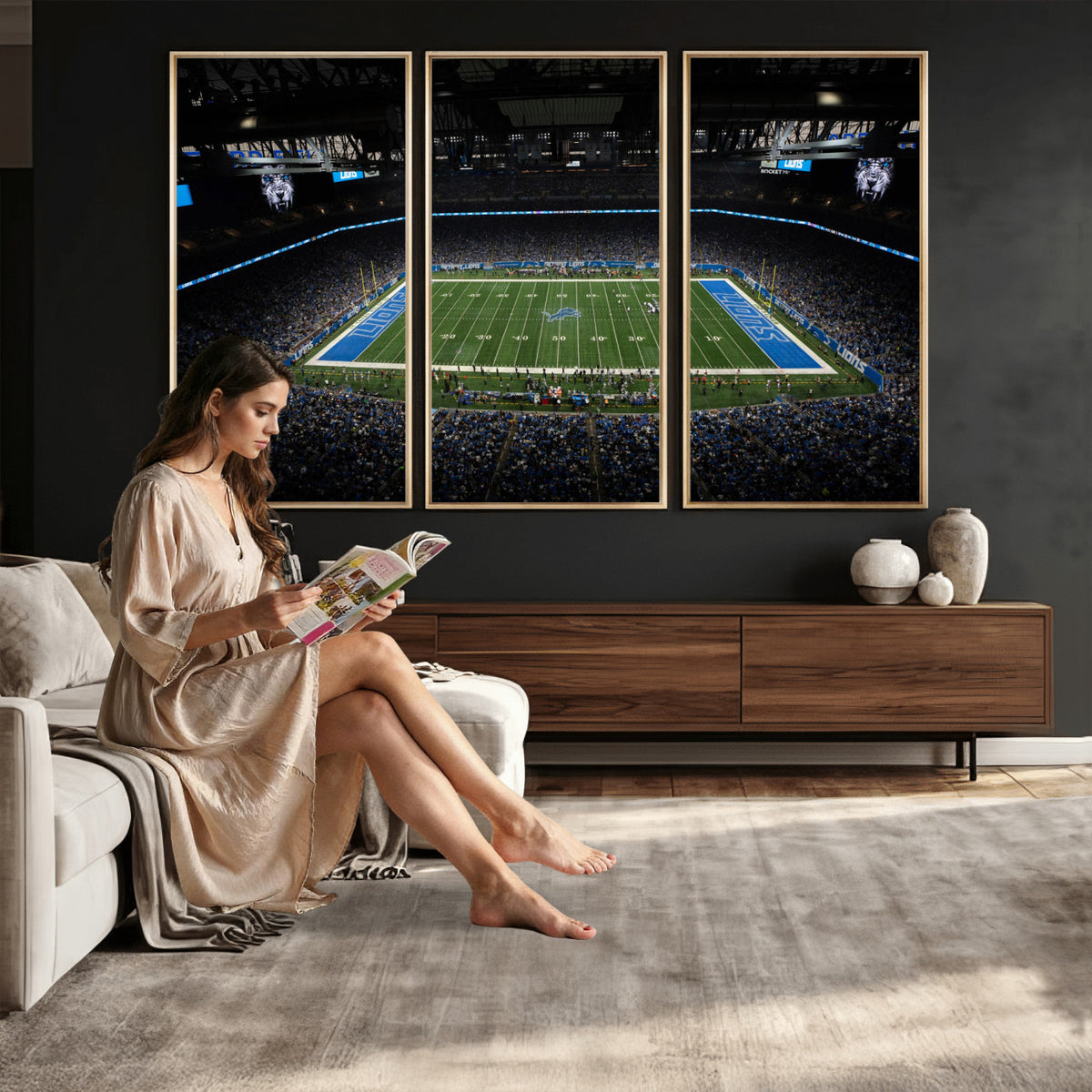 16709602-MGV-CV-36X24 - Detroit Lions Stadium Wall Art Canvas Print, Football Field Panorama
