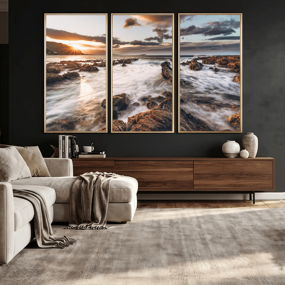 Rocky Coast Ocean Sunset Wall Art Canvas Print, Dramatic Seascape Nature Decor