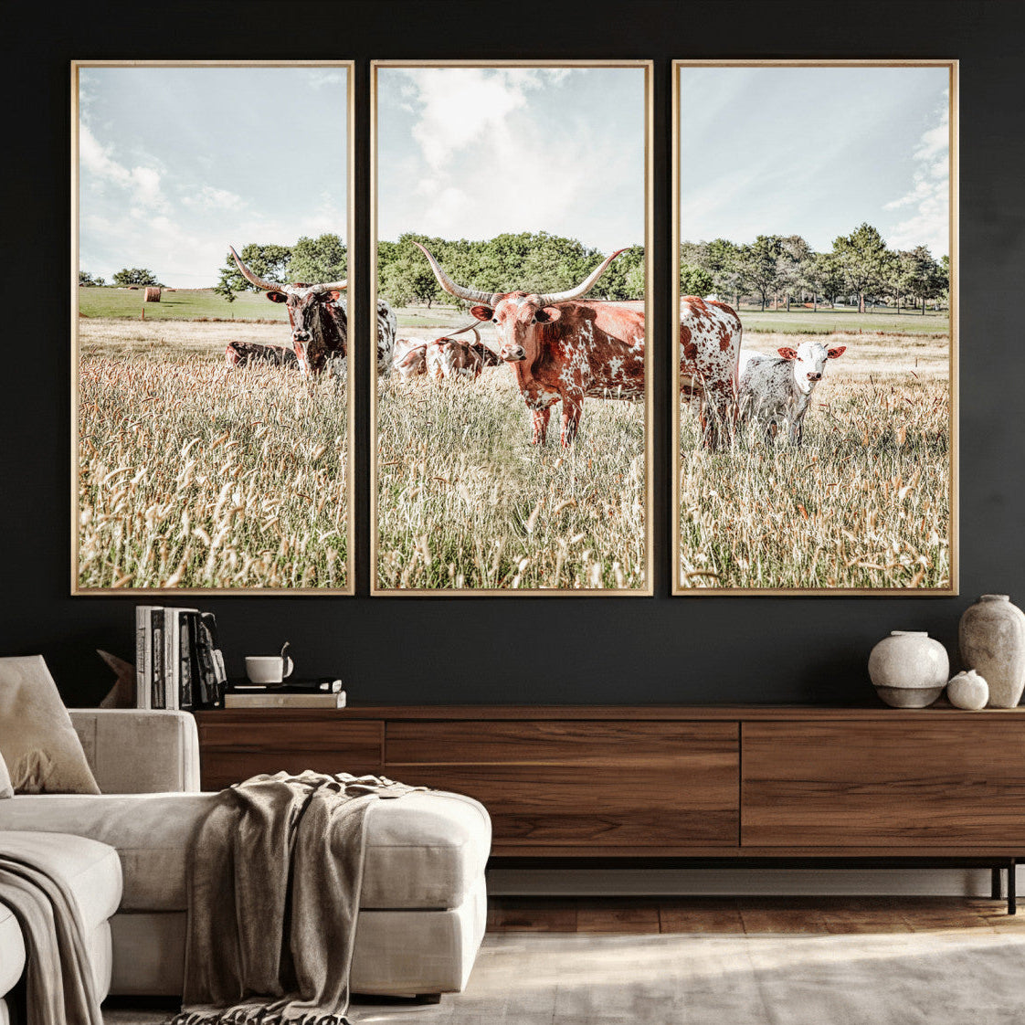 33963645-MGV-CV-36X24 - Texas Longhorn Cattle Wall Art Canvas Print, Western Ranch Landscape Nature Wall Decor for Living Room and Office