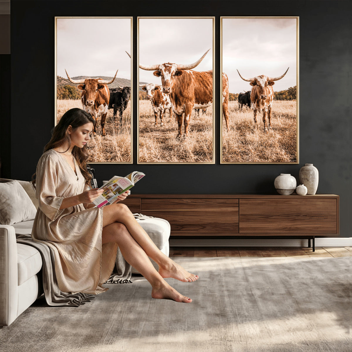 27539727-MGV-CV-36X24 - Texas Longhorn Cattle Wall Art Canvas Print, Sepia Western Decor
