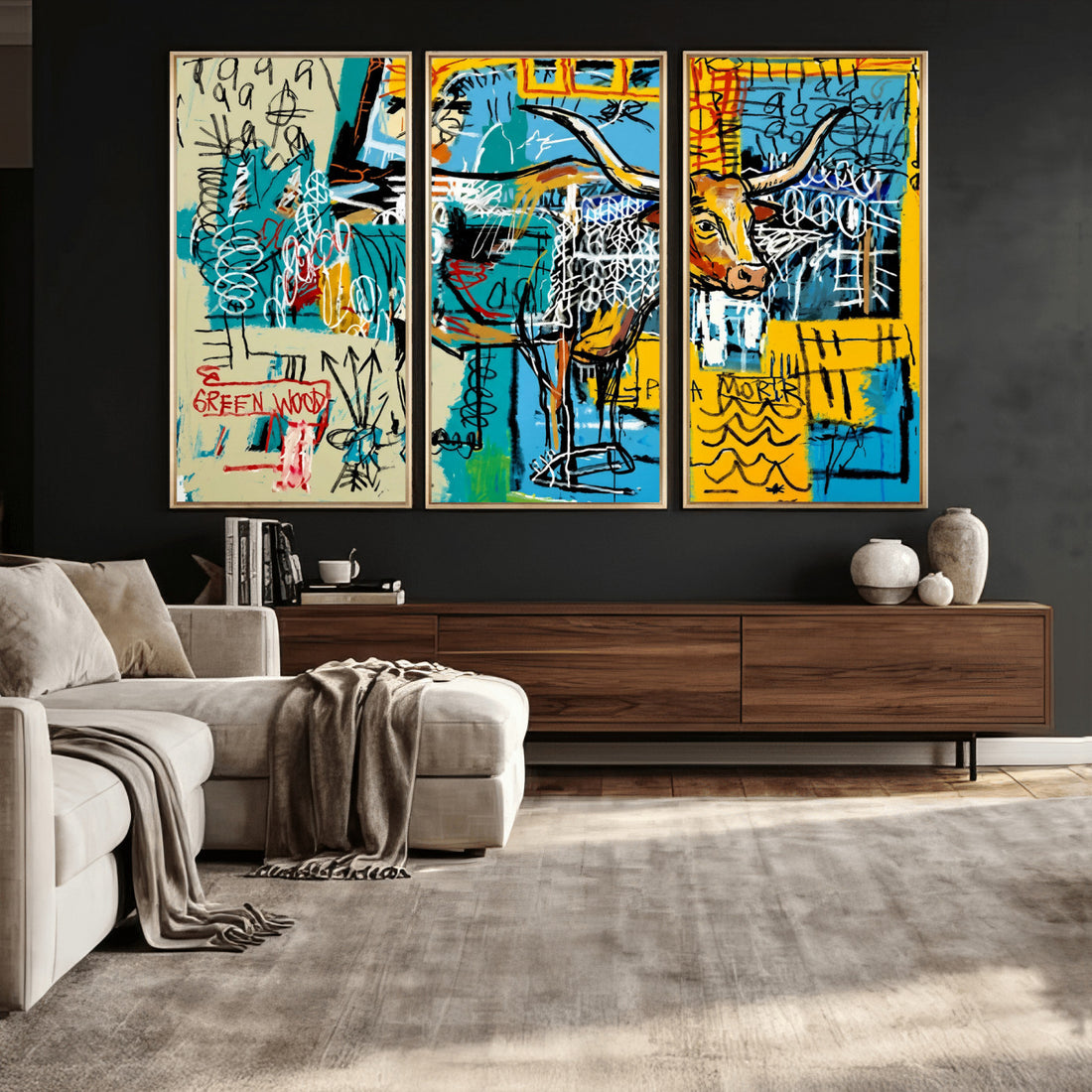 Basquiat Style Bird Bull Graffiti Wall Art Canvas Print, Street Art