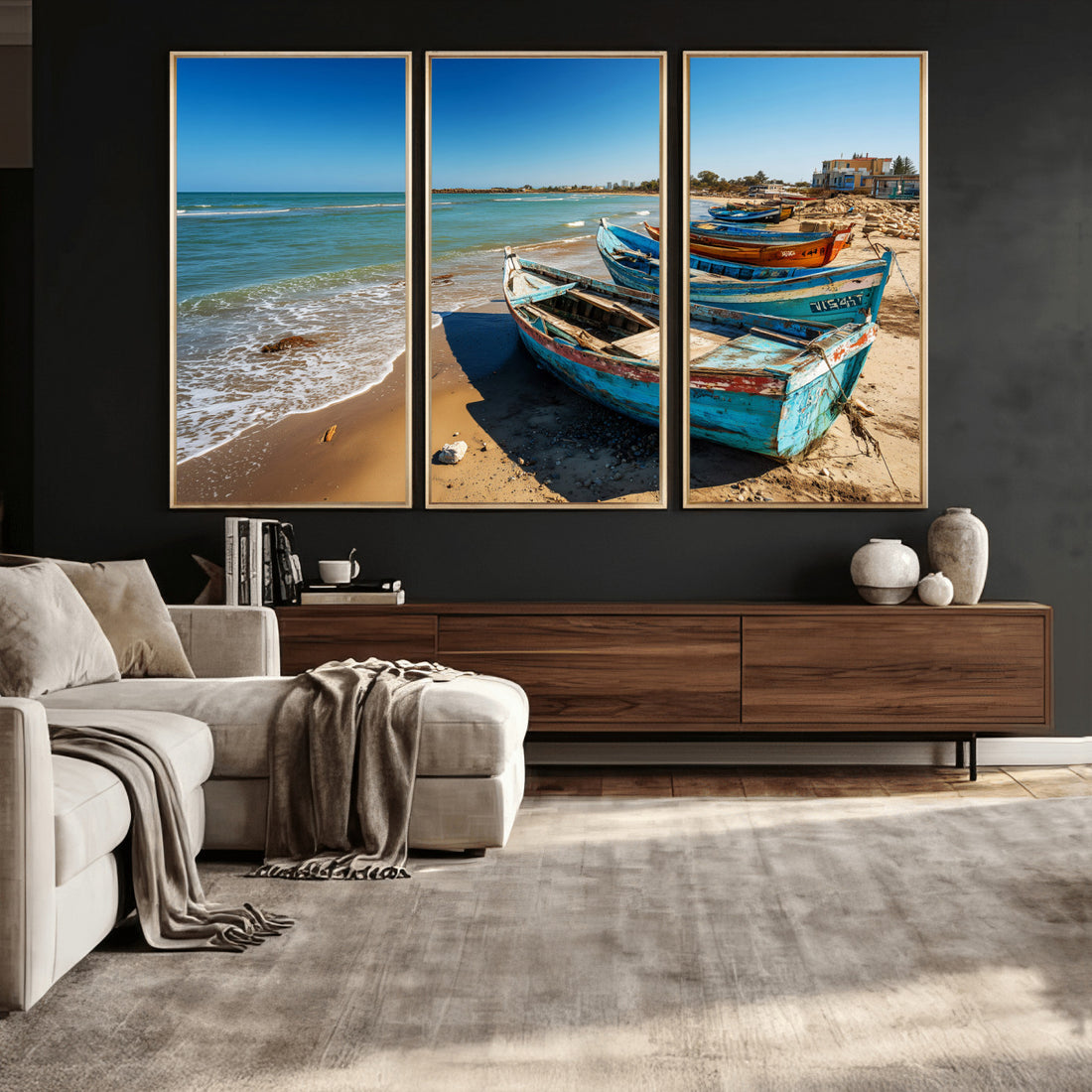 Coastal Fishing Boats Wall Art Canvas Print, Sunset Beach