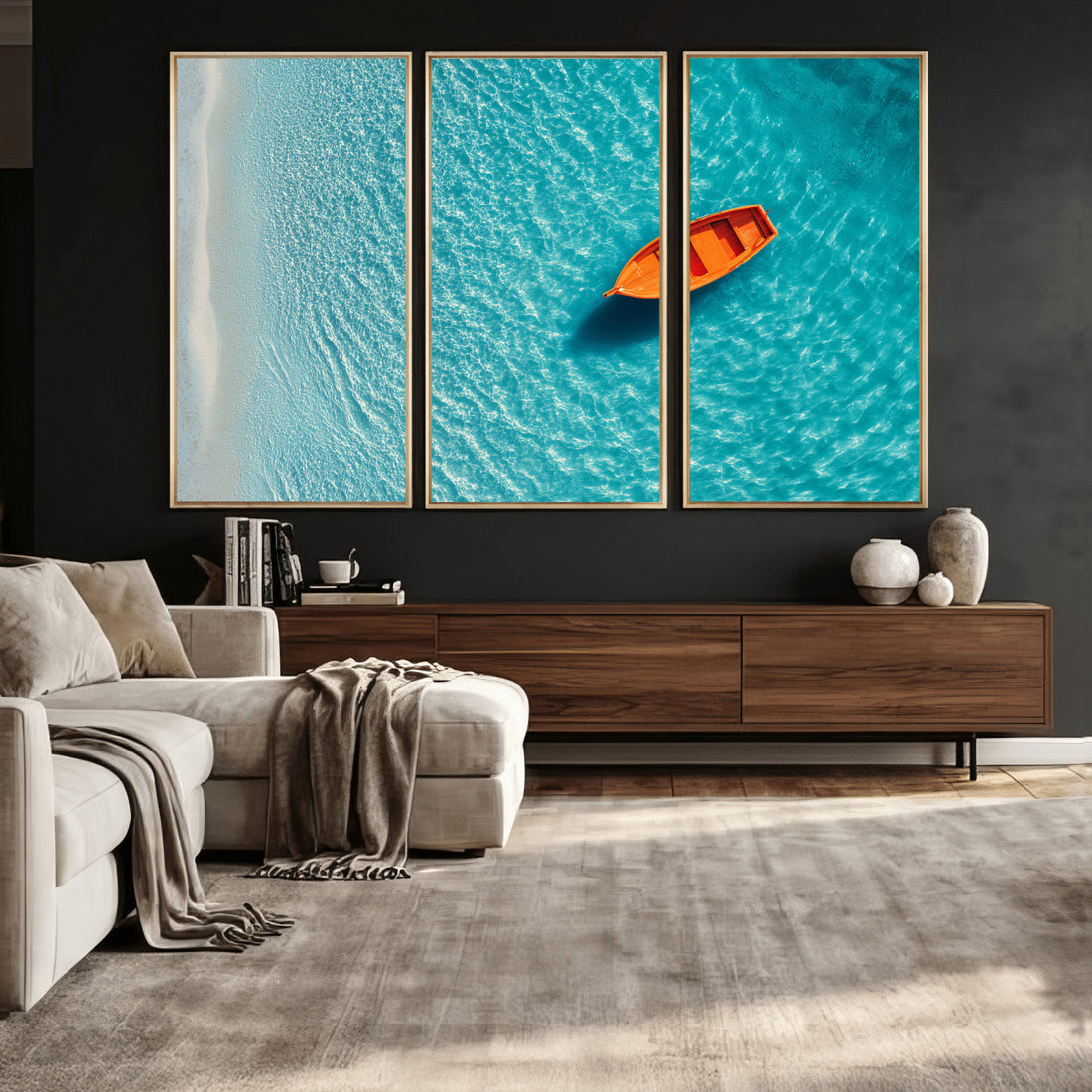 Minimalist Boat Wall Art Canvas Print, Aerial Sea Landscape