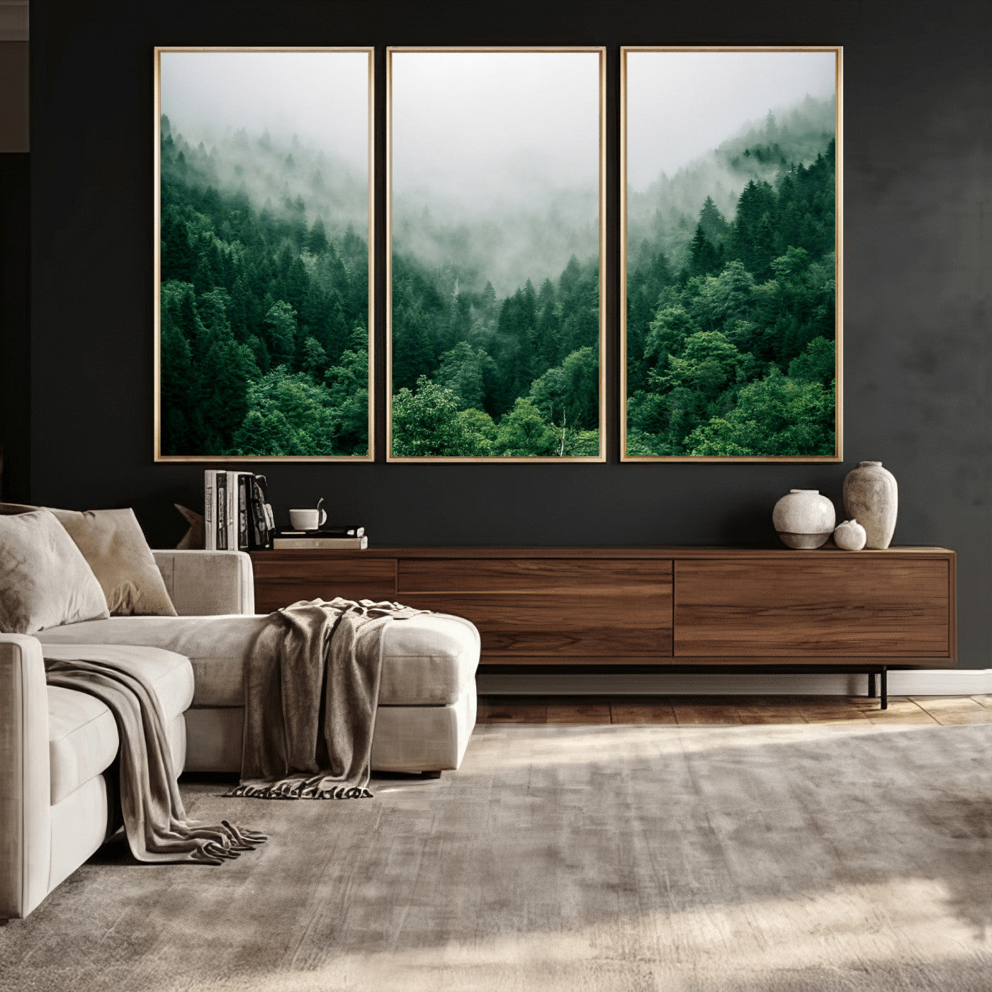 61640815-MGV-CV-36X24 - Misty Pine Forest Wall Art Canvas Print, Foggy Evergreen Landscape Wall Decor, Moody Green Nature Artwork, Minimal Forest Canvas Wall Art, Framed Canvas Wall Art Ready to Hang