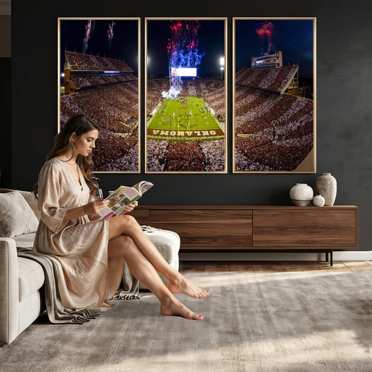 43197777-MGV-CV-36X24 - Oklahoma Memorial Stadium Wall Art Canvas Print – Oklahoma Sooners Football Artwork for Home, Office, and Sports Room Decor