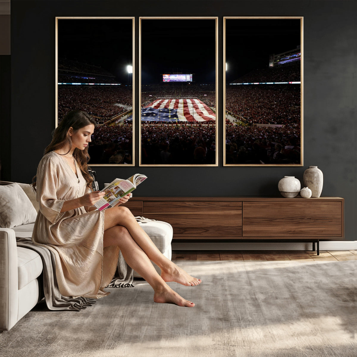 98418189-MGV-CV-36X24 - Oklahoma Memorial Stadium Wall Art Canvas Print – Oklahoma Sooners Football Artwork for Home, Office, and Sports Room Decor