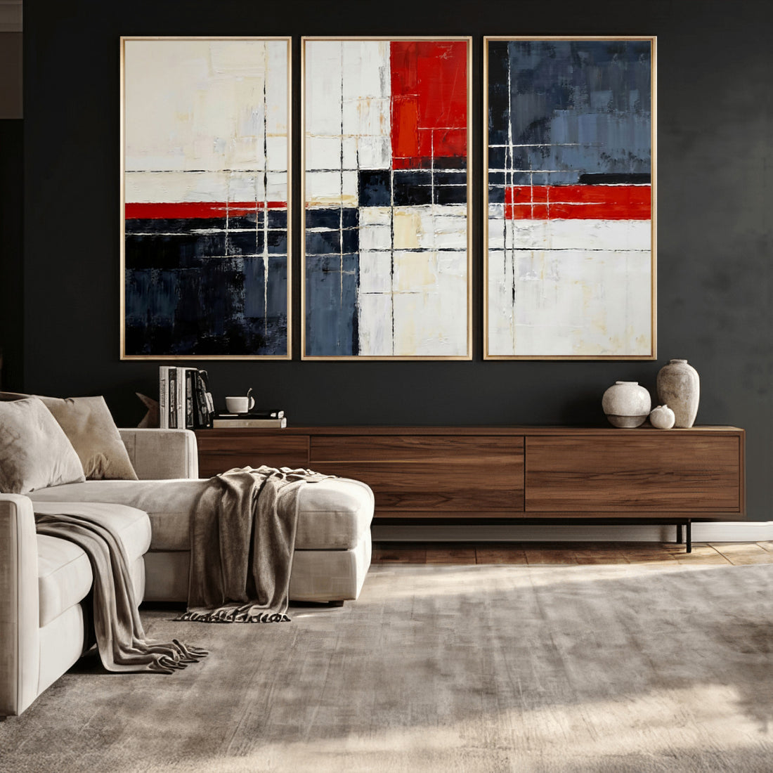 Navy Red Abstract Wall Art Canvas Print, Modern Luxury Geometric Art for Living Room and Office
