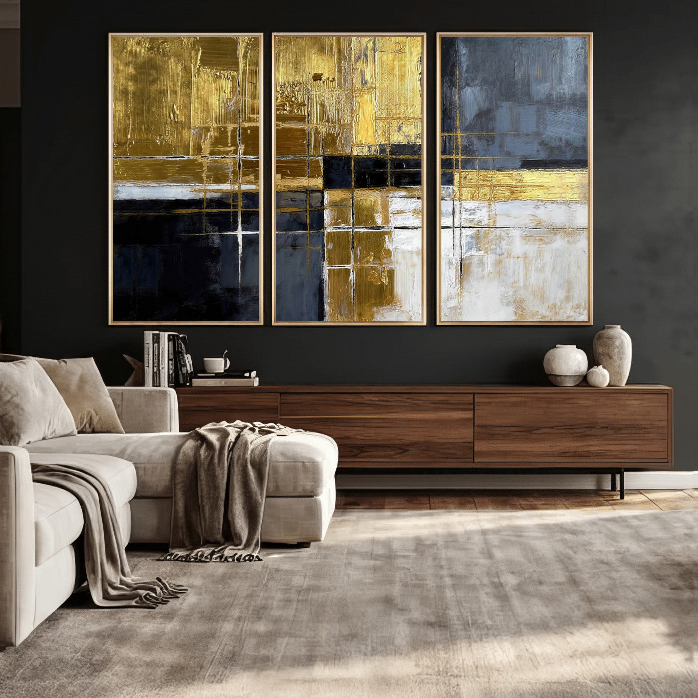 76917030-MGV-CV-36X24 - Gold Navy Abstract Wall Art Canvas Print, Modern Luxury Geometric Painting Wall Decor for Living Room and Office