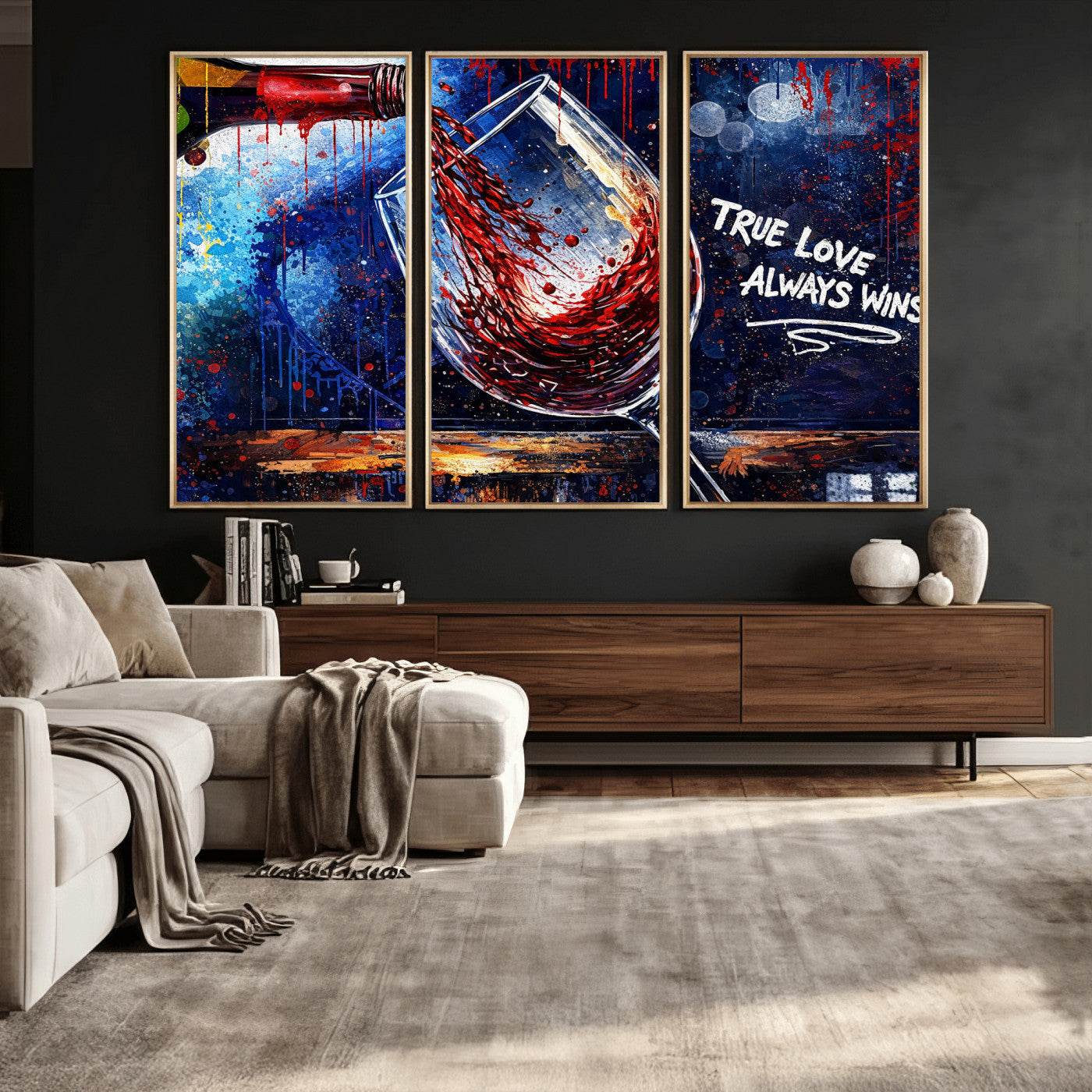 88788932-MGV-CV-36X24 - Red Wine Splash Abstract Wall Art Canvas Print, Modern Wine Glass Painting Canvas Print, Romantic Quote Contemporary Bar Art Print