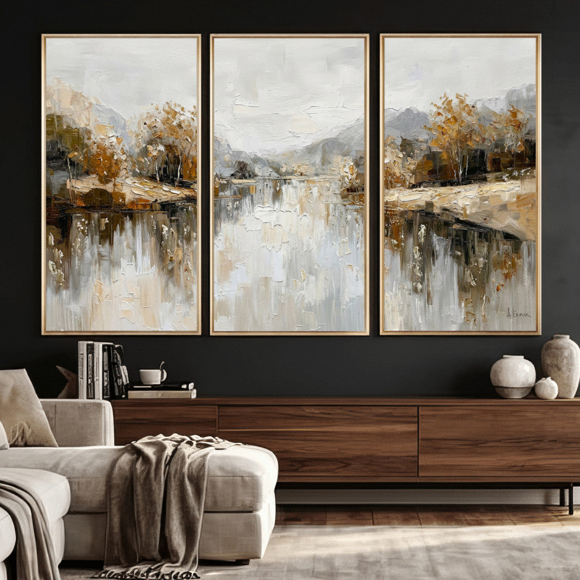 78227690-MGV-CV-36X24 - Neutral Abstract Lake Landscape Wall Art Canvas Print, Modern Minimal River Reflection Canvas Print, Beige Gray Contemporary Nature Art Printing