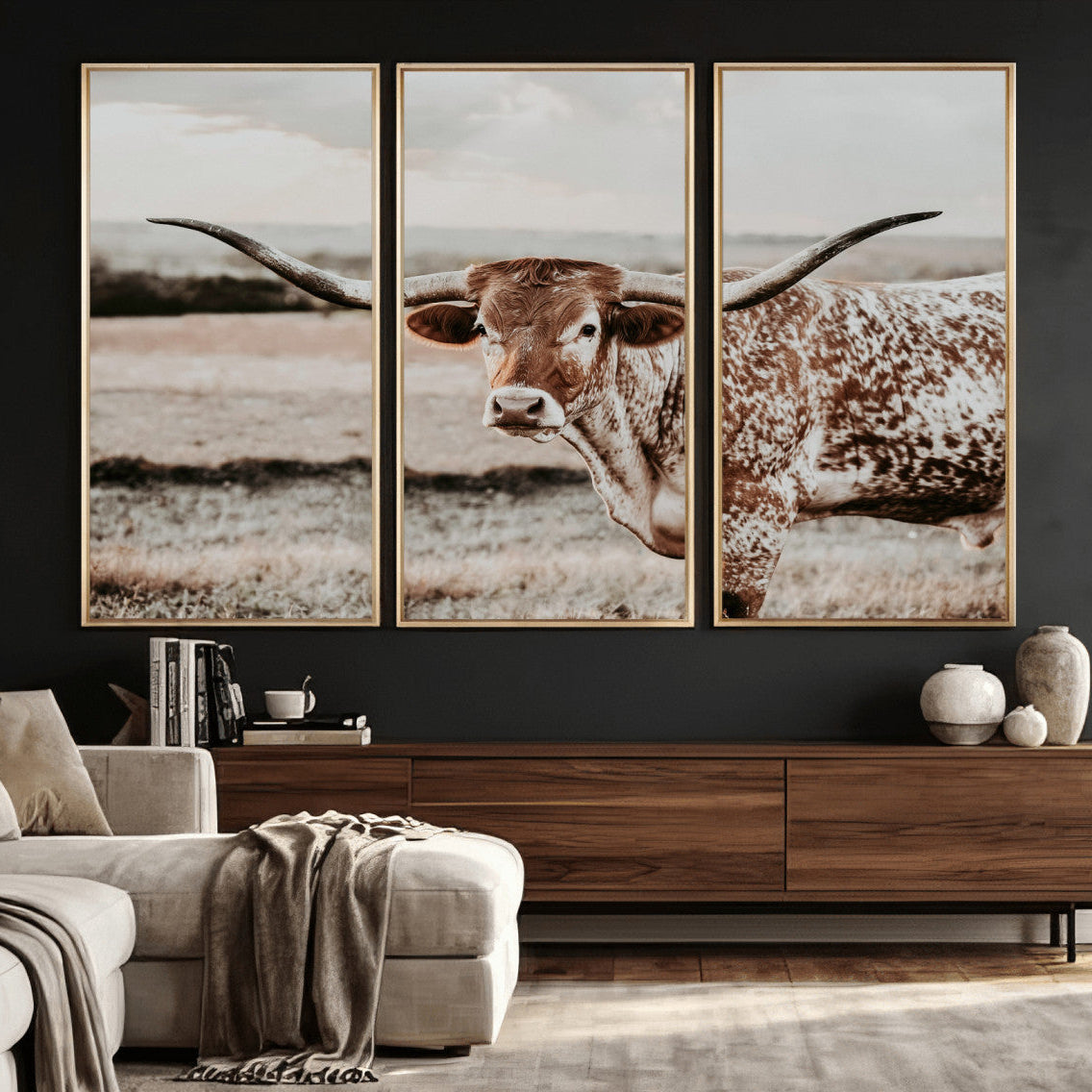 73897046-MGV-CV-36X24 - Texas Longhorn Bull Rustic Wall Art Canvas Print, Western Cattle Photography Canvas Print, Ranch Farm Animal Western Art Printing