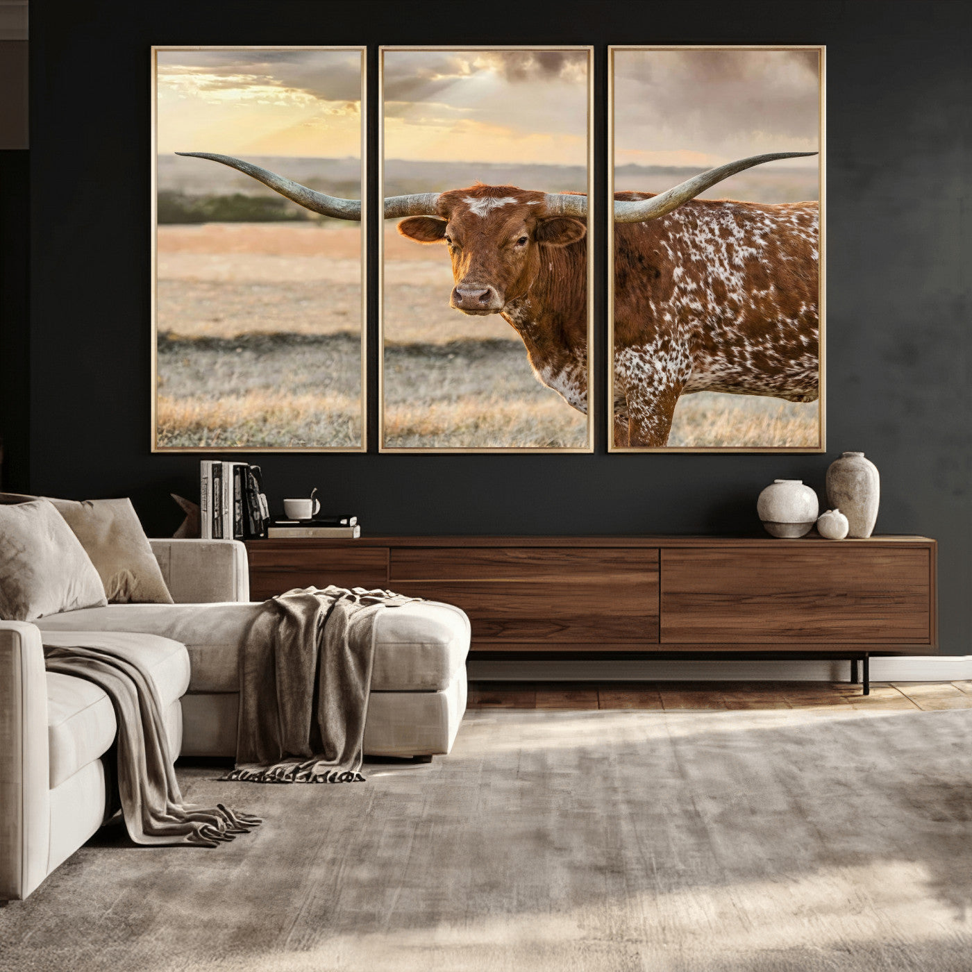 16502384-MGV-CV-36X24 - Texas Longhorn Wall Art Canvas Print, Western Ranch Bull Photography Canvas Print, Rustic Farmhouse Cattle Artwork for Living Room Decor