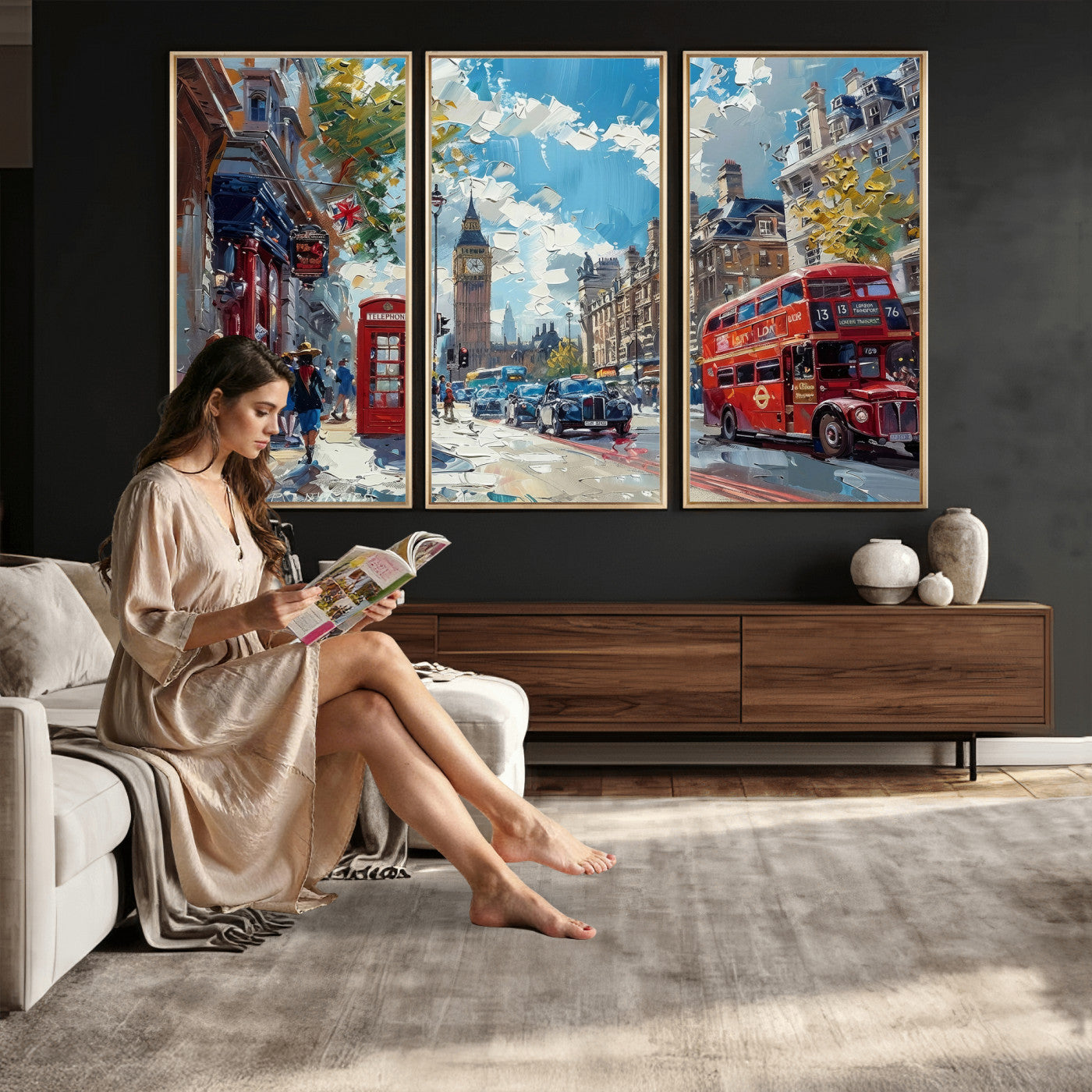 17630888-MGV-CV-36X24 - London Street Canvas Wall Art — Big Ben Red Bus Print | Oil Painting Style | UK City Wall Decor | Travel Art Gift | Living Room Print