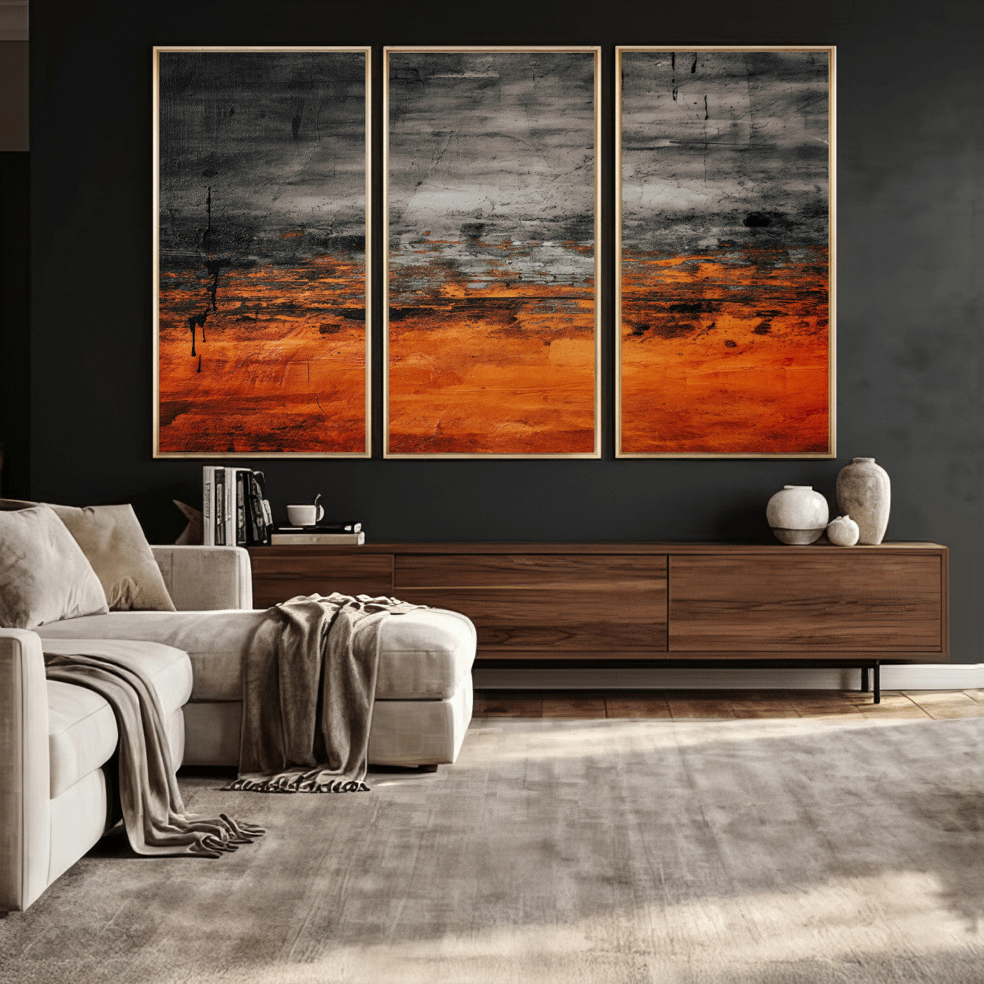 75409282-MGV-CV-36X24 - Black Orange Abstract Wall Art Canvas Print Modern Textured Painting Decor
