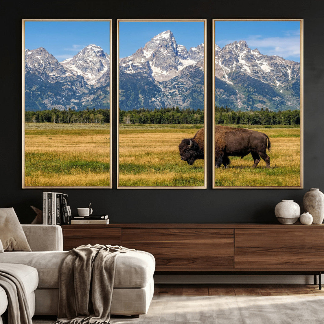 20424529-MGV-CV-36X24 - Bison in Mountain Landscape Wall Art Canvas Print – Western Wildlife Artwork for Rustic Living Room Decor