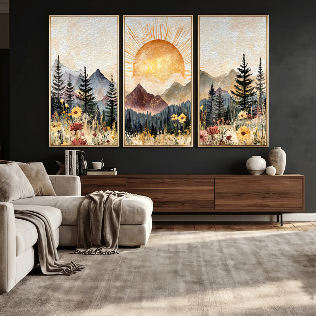 Boho Mountain Landscape Large Wall Art, Horizontal Gold Sun and Flowers Print