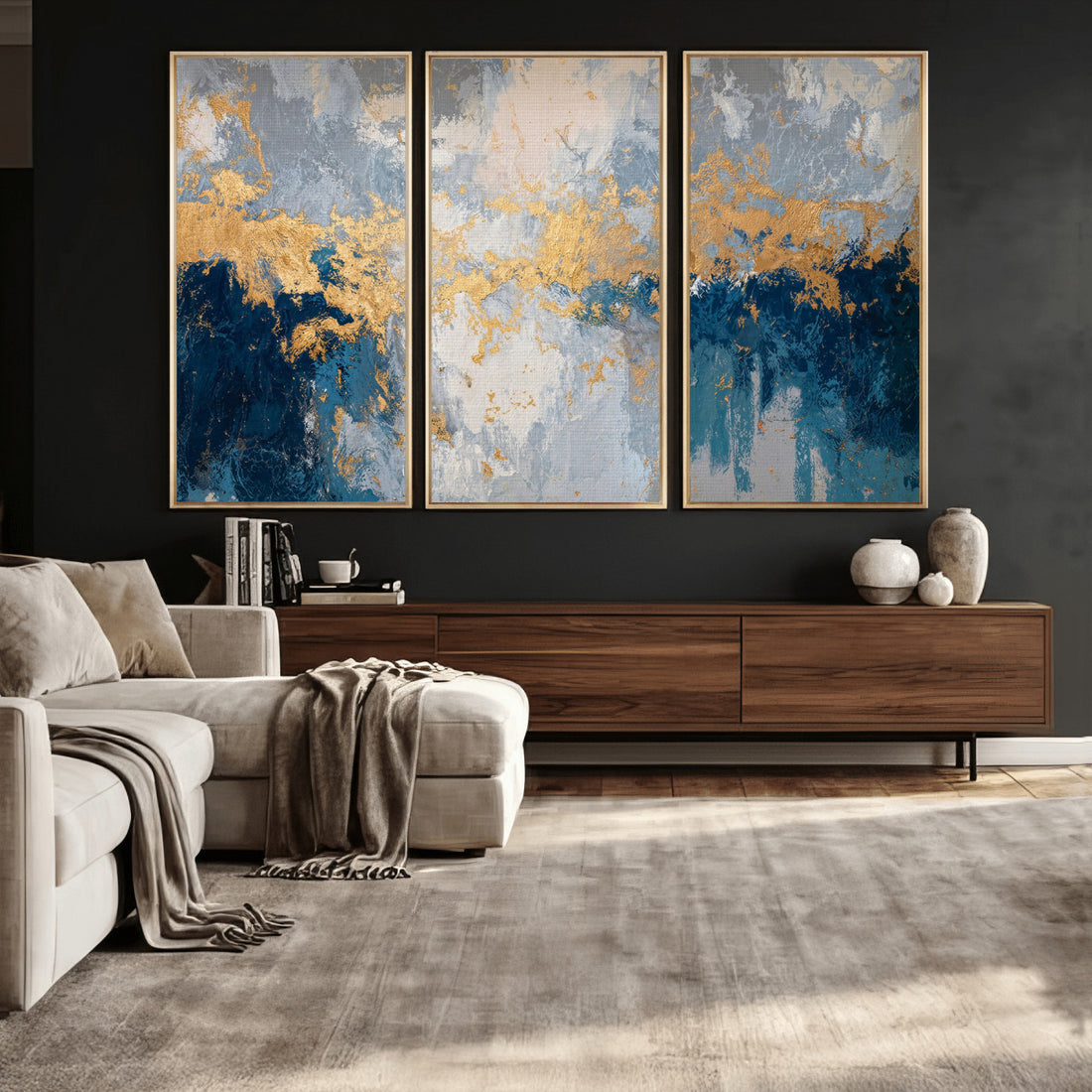 Blue Gold Abstract Large Framed Canvas Wall Art, Modern Luxury Print