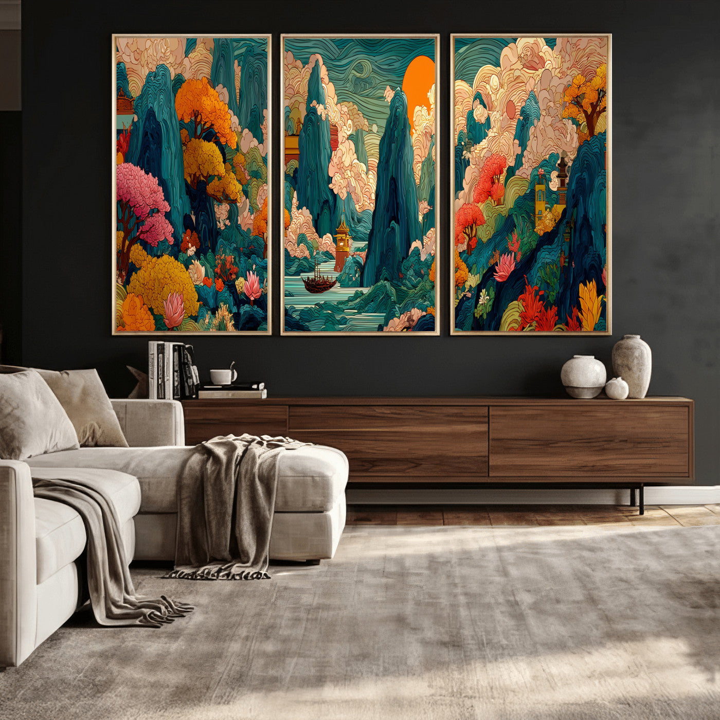 90422518-MGV-CV-48X32-3P - Colorful Japanese Landscape Print: Maximalist Panoramic Wall Art