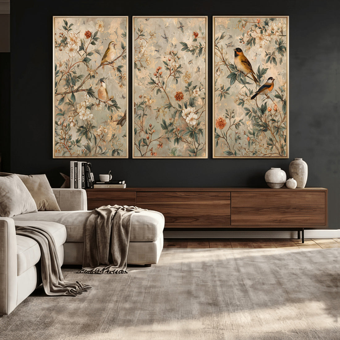 Vintage Birds and Flowers Wall Art Canvas Print, Botanical Bird Art
