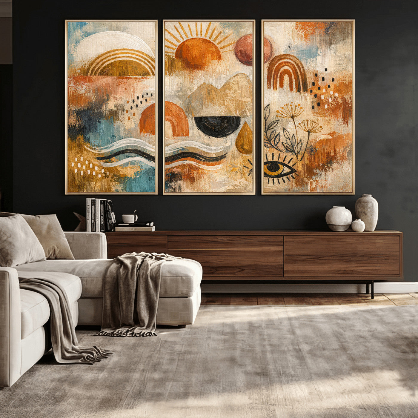 52155239-MGV-CV-36X24 - Geometric Boho Abstract Wall Art Canvas Print, Orange Blue Abstract Expressionist Painting Print, Modern Geometric Abstract Canvas Art