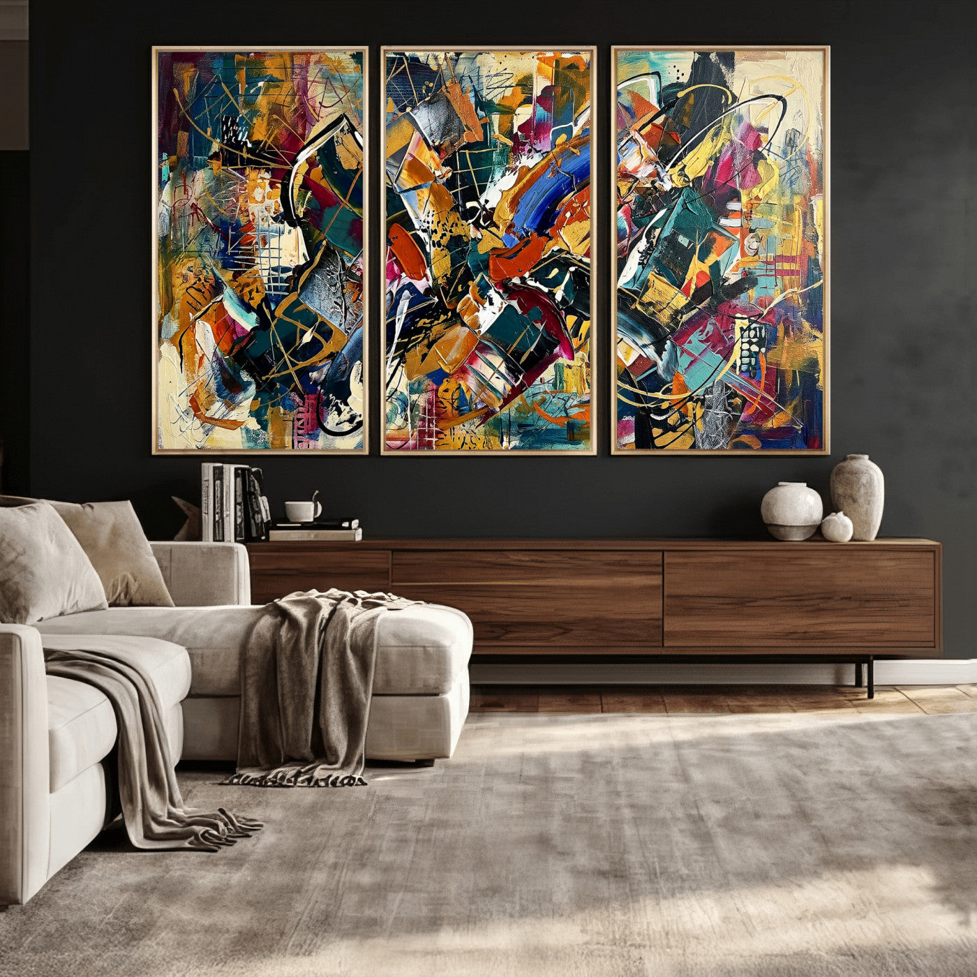 15525527-MGV-CV-36X24 - Geometric Abstract Wall Art Canvas Print, Orange Blue Abstract Expressionist Painting Print, Modern Geometric Abstract Canvas Art