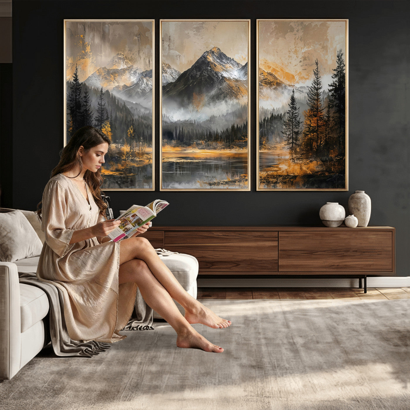 4712069D1-MGV-CV-36X24 - Mountain Lake Canvas Wall Art — Rustic Forest Landscape Print | Gold Grey Nature Decor | Cabin Wall Art | Large Wilderness Art Print Gift