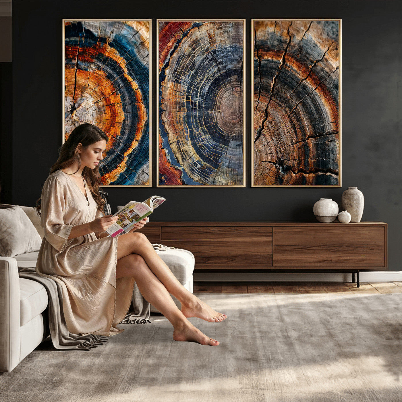 4712069W1-MGV-CV-48X32-3P - Tree Ring Triptych Canvas Wall Art — Set of 3 Wood Grain Print | Rustic Nature Decor | Earth Tone Wall Art | Unique Living Room Art Gift