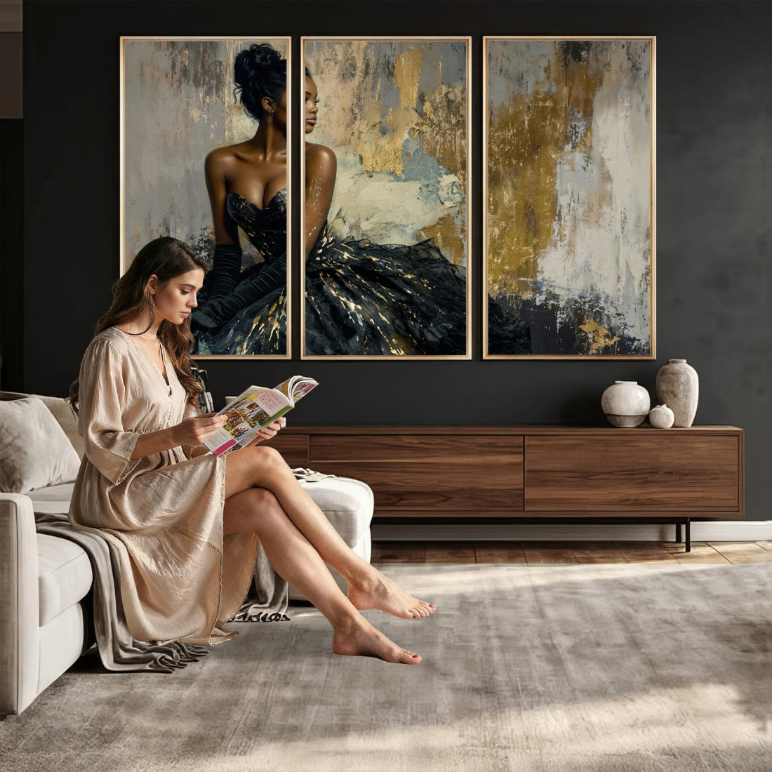 Black Woman Canvas Wall Art | Black Gold Gown Fashion Print