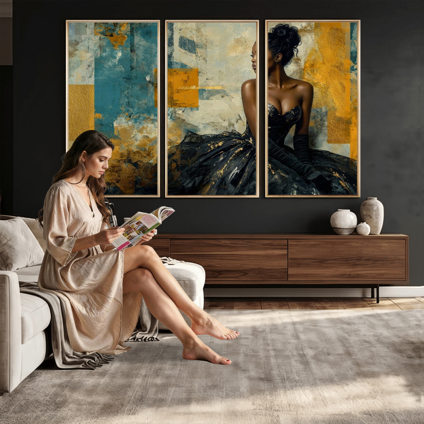 4712069Z21-MGV-CV-36X24 - Elegant Woman Canvas Wall Art — Black Gold Gown Fashion Print | Luxury Glam Wall Decor | African American Art | Bold Bedroom Wall Art Gift