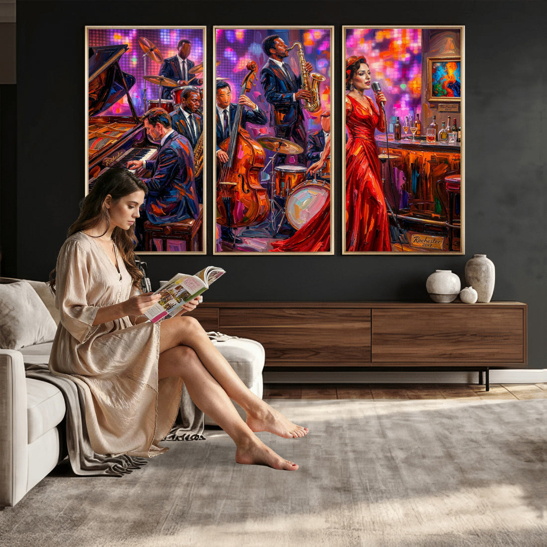 Jazz Band Canvas Wall Art | Jazz Club Singer Saxophone Print