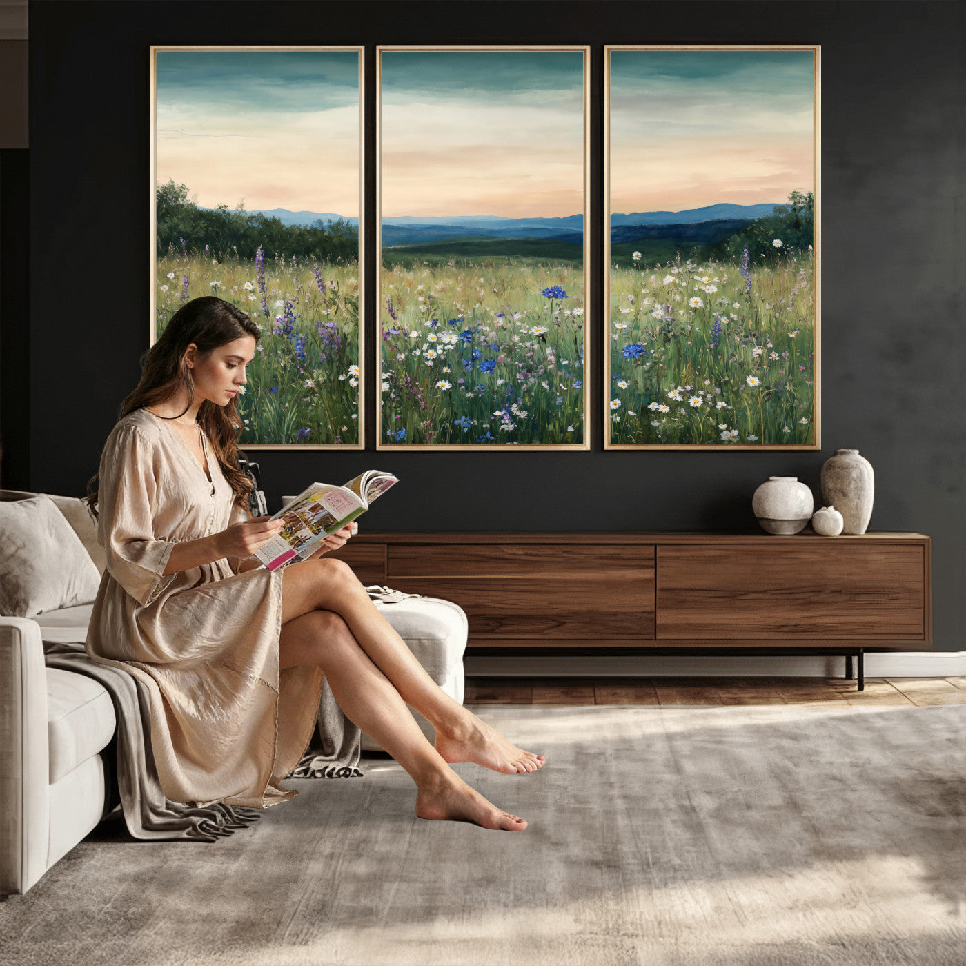 35773805-MGV-CV-36X24 - Wildflower Meadow Oil Painting Canvas Print - Daisy Lavender Mountain Sunset Print | Cottagecore Floral Wall Art - Bedroom Decor Gift for Her