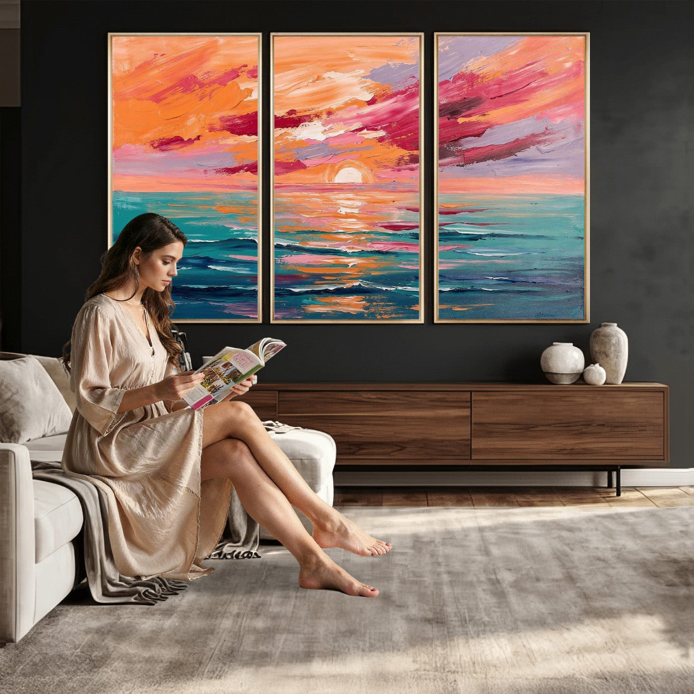 26763902-MGV-CV-36X24 - Bold Palette Knife Ocean Sunset Canvas — Orange Pink Teal Expressionist Sea Print | Colorful Coastal Wall Art | Vibrant Beach Decor Gift