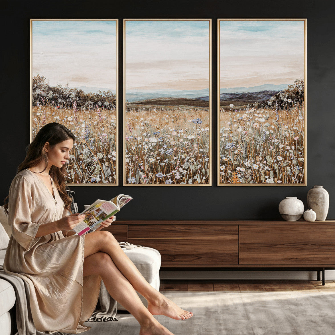 F35773805-MGV-CV-36X24 - Neutral Wildflower Field Canvas Wall Art — Beige Earth Tone Botanical Meadow Print | Farmhouse Boho Decor | Bedroom Living Room Gift Her