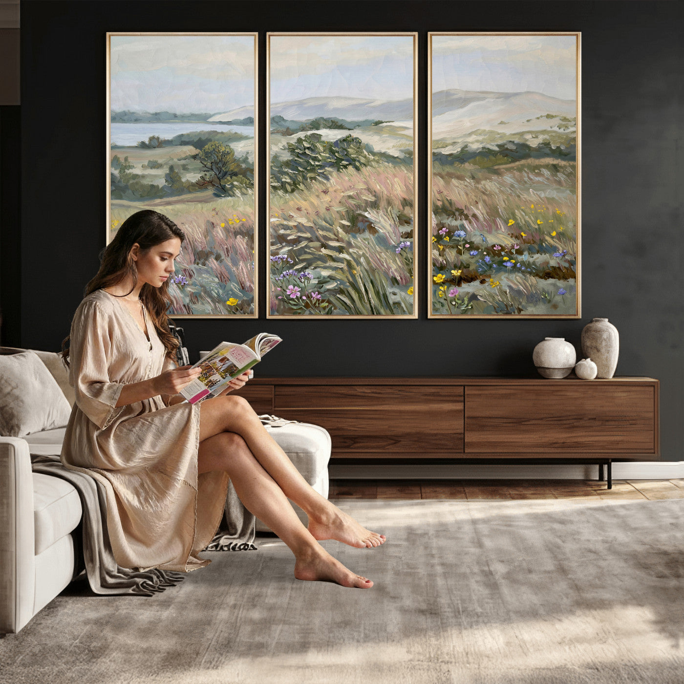 18013232-MGV-CV-36X24 - Katie Staples Hillside Canvas Wall Art — Coastal Wildflower Dune Oil Painting Print | Muted Green Nature Decor | Plein Air Landscape Gift