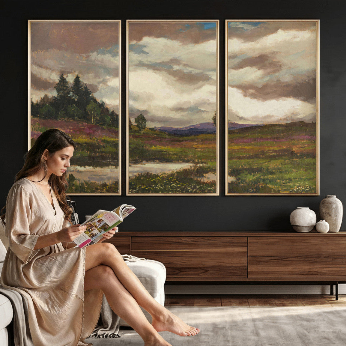 96795851-MGV-CV-36X24 - Gustav Macoun Heathland Canvas Print, Czech Landscape Oil Painting Reproduction, Purple Heather Moorland Art, Vintage European Nature Decor