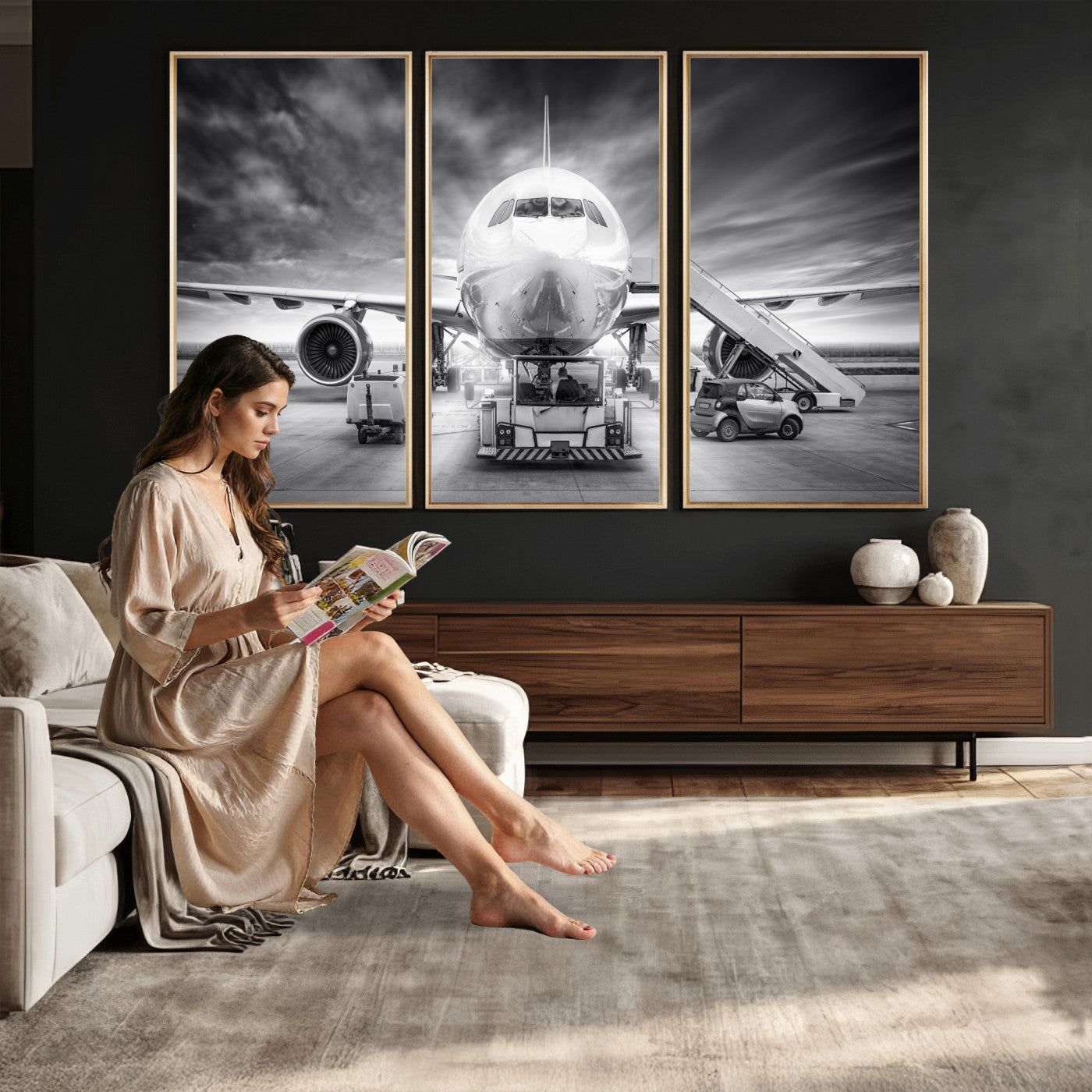 85885848-MGV-CV-36X24 - Airplane Wall Art Canvas Print, Black and White Jet Aircraft Airport Runway Framed Aviation Artwork for Pilot Office Hangar Travel Decor