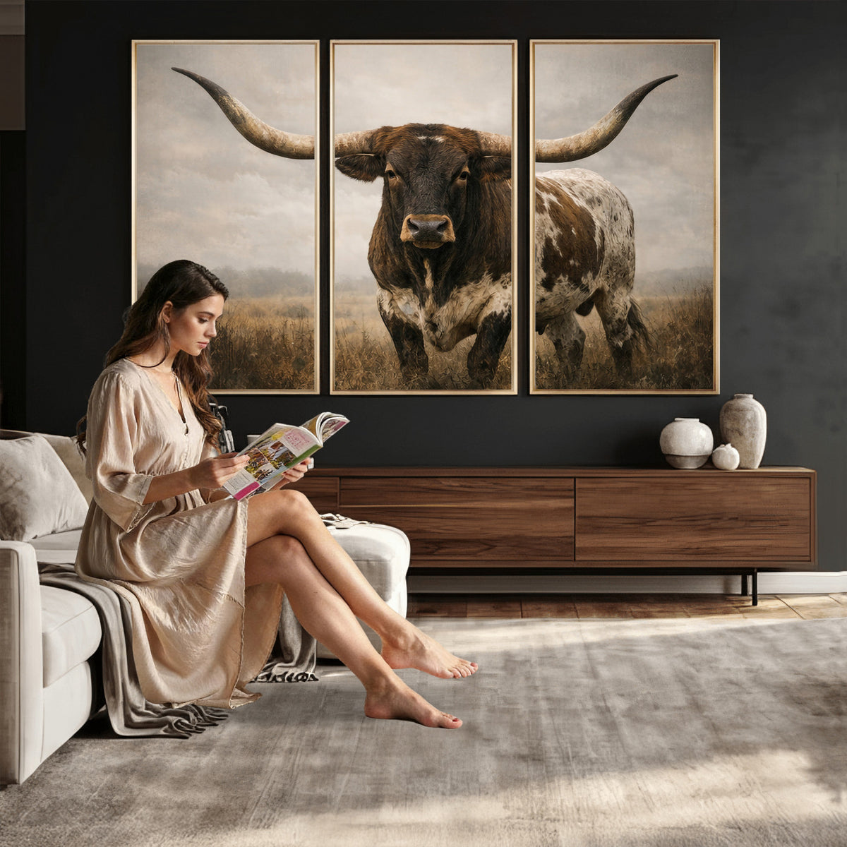 17622011L-_Poster-30x20 - Longhorn Bull Wall Art Canvas Print, Western Farmhouse Decor