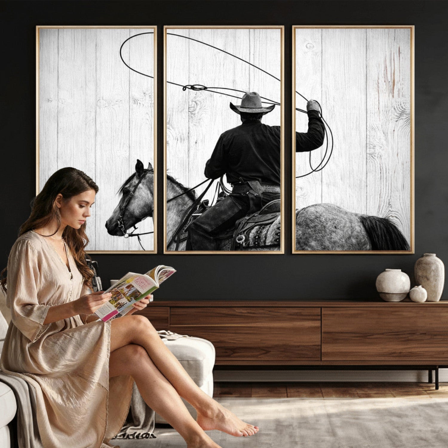 22569358-MGV-CV-36X24 - Cowboy Lasso Canvas Wall Art, Black White Western Horse Photo Print, Rustic Ranch Rodeo Decor, Farmhouse Western Art, Cowboy Gift for Him