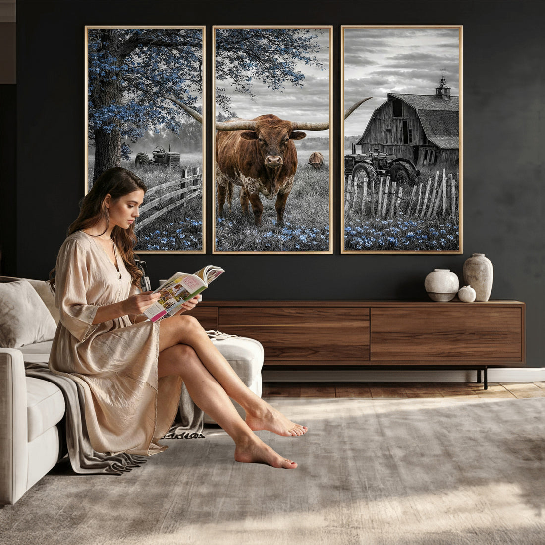 Texas Longhorn Canvas Wall Art, Rustic Farm Barn Bluebonnet Field