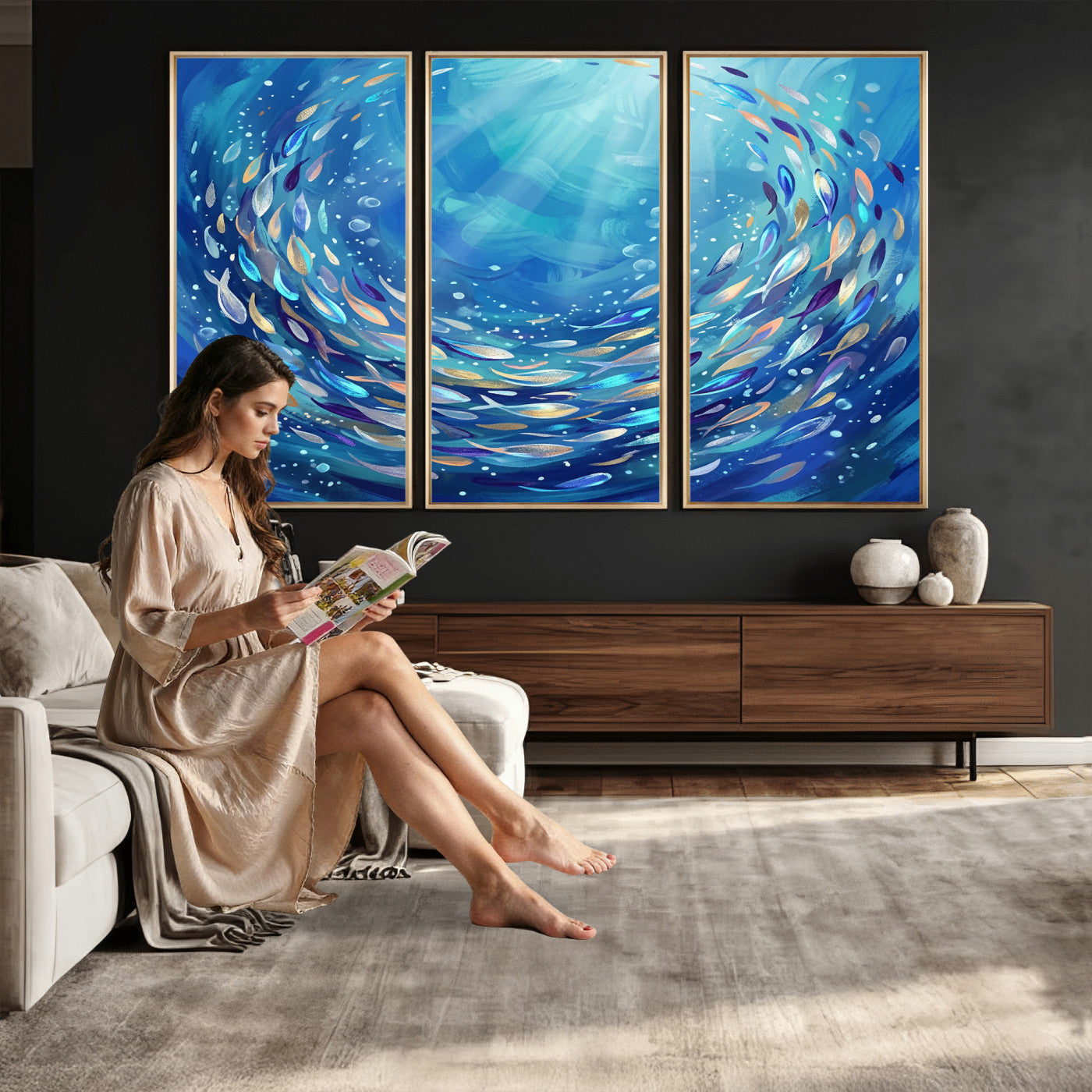 78699899-MGV-CV-36X24 - School of Fish Canvas Print | Blue Ocean Underwater Wall Art | Swirling Fish Shoal Illustration | Marine Navy Coastal Decor