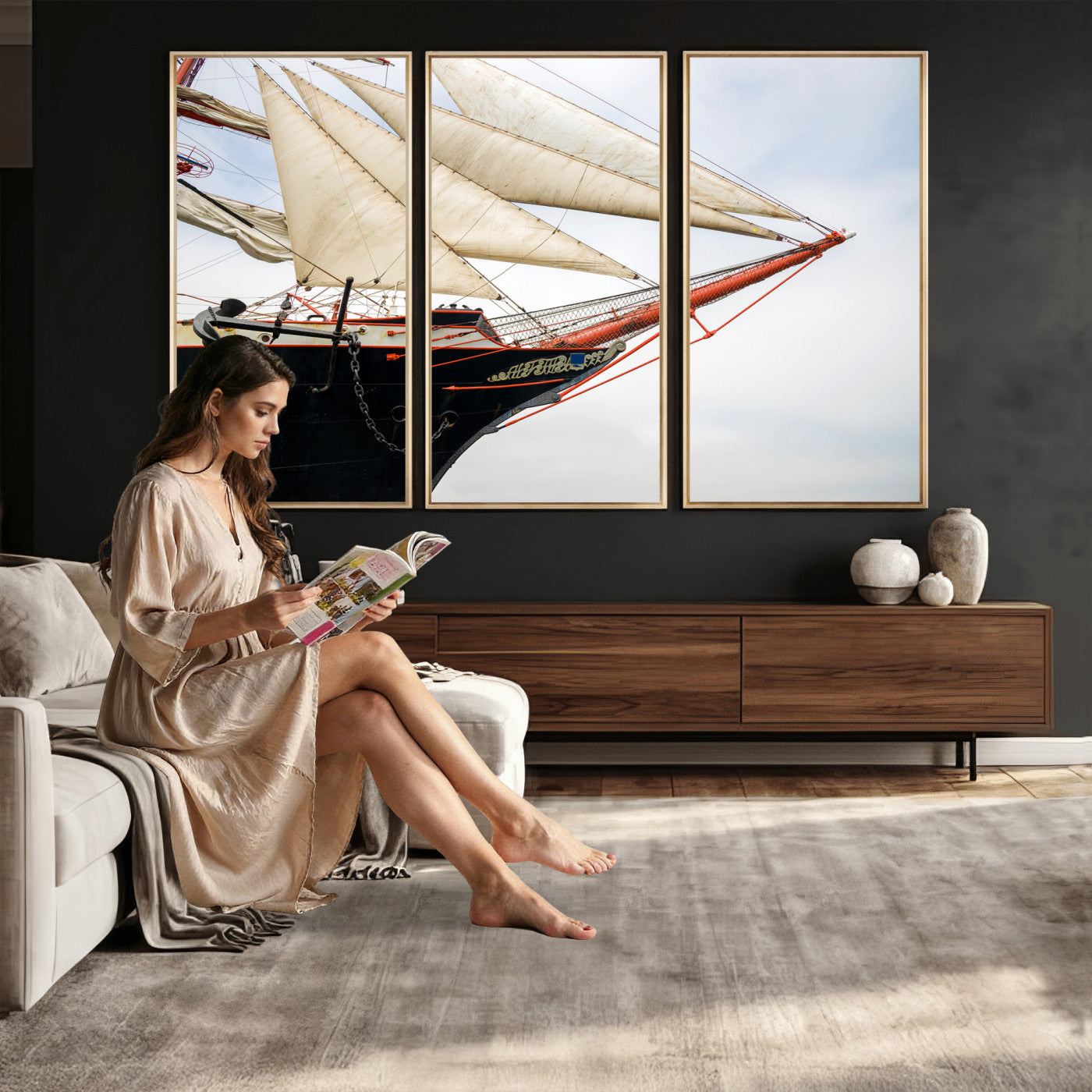 64830036-MGV-CV-36X24 - Sailboat Wall Art Canvas Print, Vintage Ship Bow Framed Artwork, Nautical Sailing Decor for Living Room Office Beach House