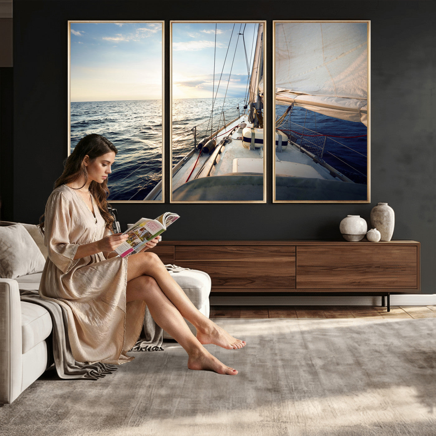 76381335-MGV-CV-36X24 - Sailboat Wall Art Canvas Print, Ocean Sunset Sailing Framed Artwork, Coastal Nautical Seascape Decor for Living Room Office Beach House
