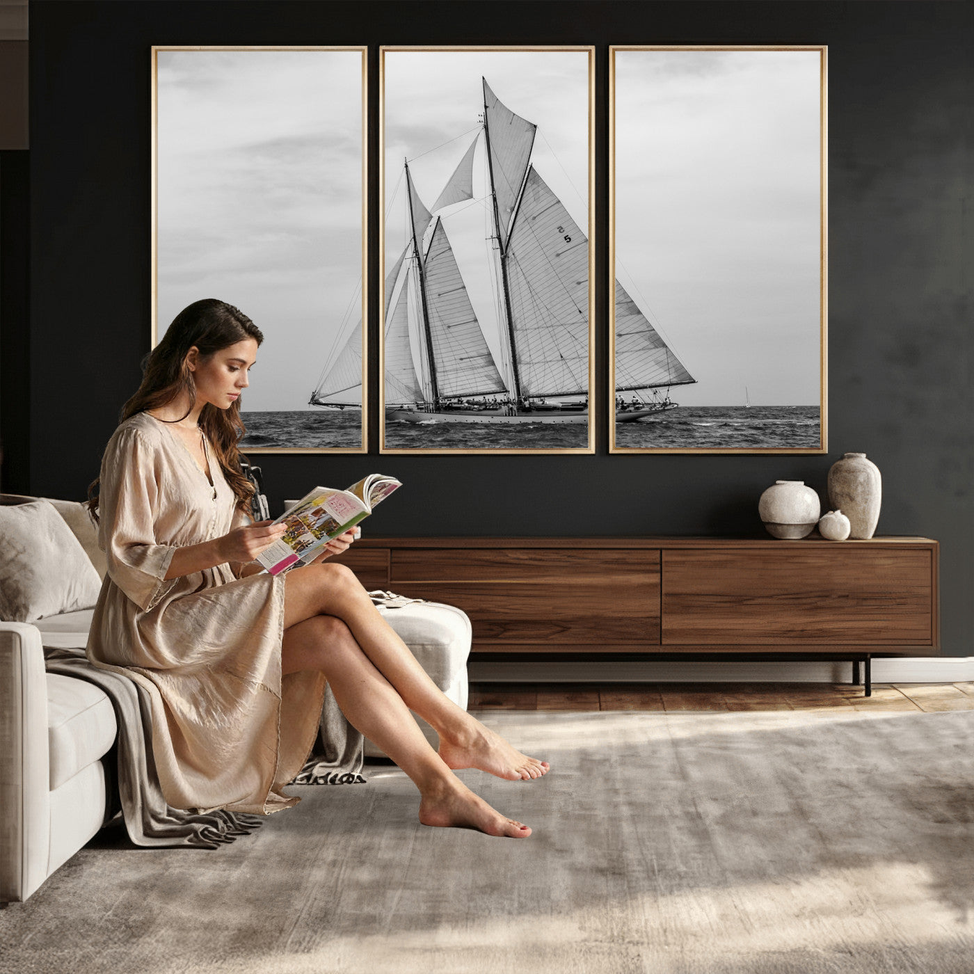 52882918-MGV-CV-36X24 - Vintage Sailboat Wall Art Canvas Print, Black and White Schooner Framed Artwork, Nautical Ocean Sailing Decor for Living Room Office Beach House