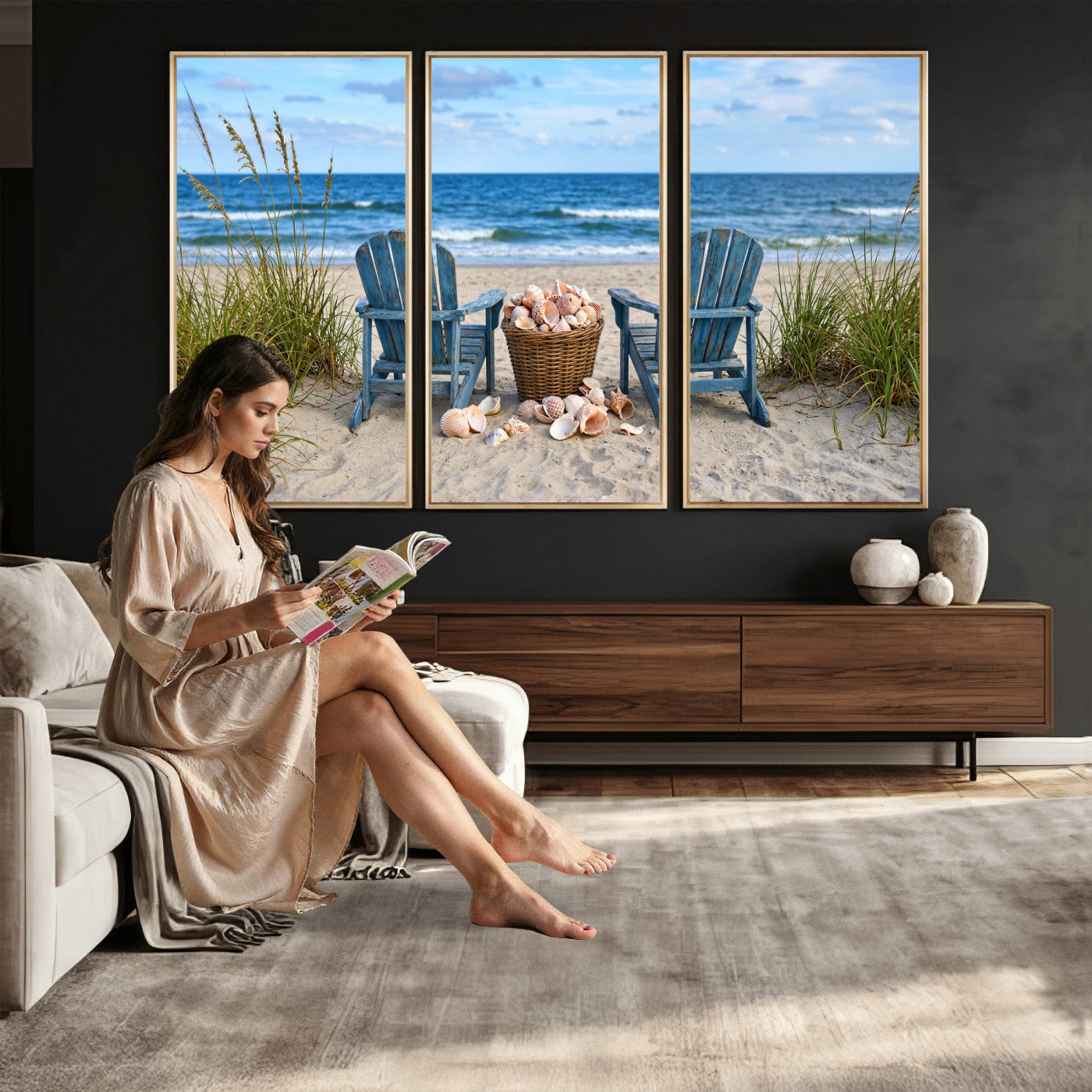 80268829-MGV-CV-36X24 - Large Beach Canvas Wall Art Coastal Adirondack Chairs Ocean Seashells Blue Nautical Framed Large for Living Room Bedroom Bathroom Decor