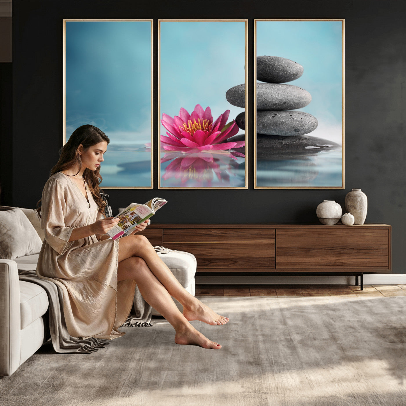 84293154-MGV-CV-36X24 - Zen Canvas Wall Art Lotus Flower Stacked Stones Teal Spa Meditation Relaxation Framed Large for Bathroom Bedroom Living Room Office Decor
