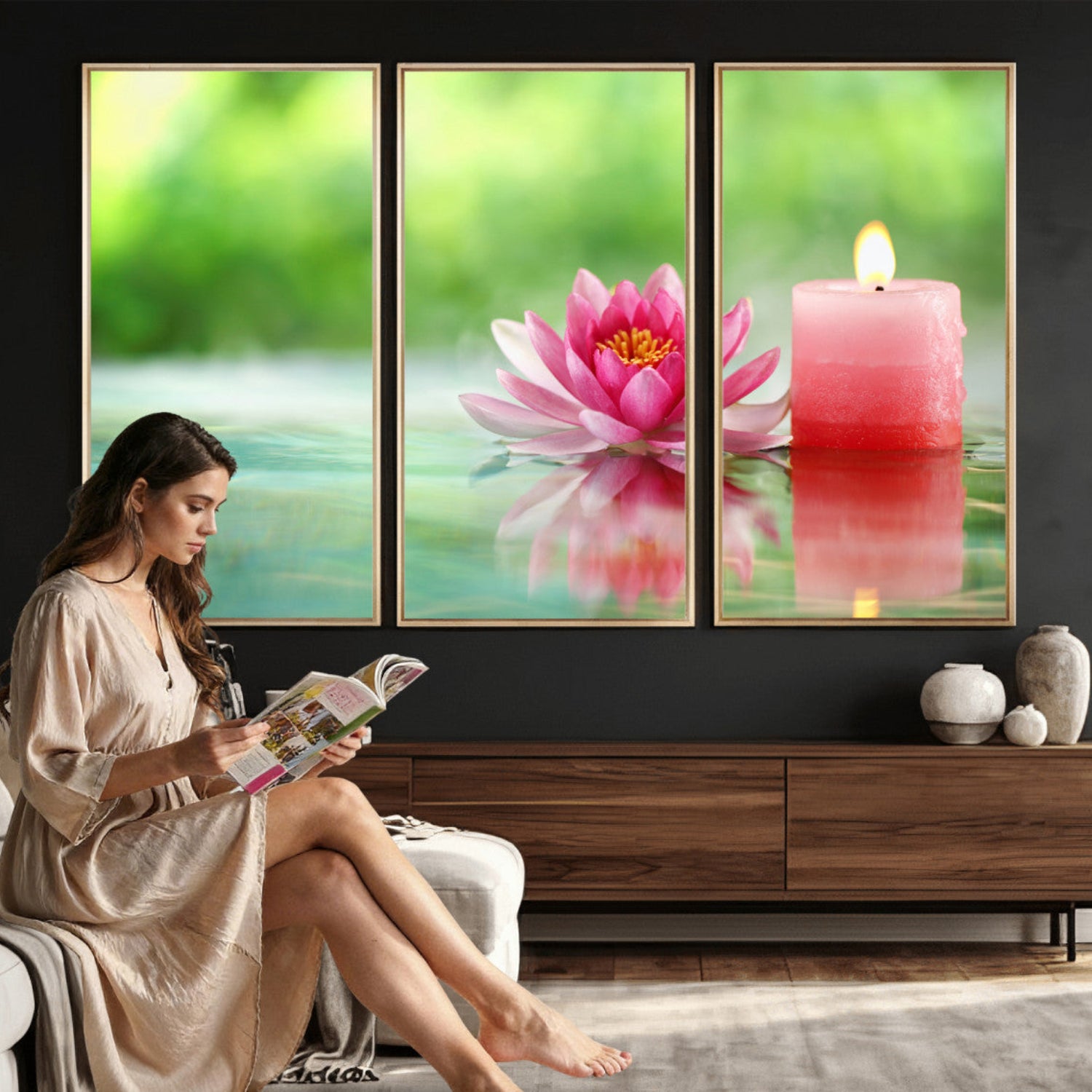 17661715-MGV-CV-36X24 - Zen Lotus Candle Canvas Wall Art Pink Spa Meditation Relaxation Green Bokeh Framed Large for Bathroom Bedroom Living Room Office Decor