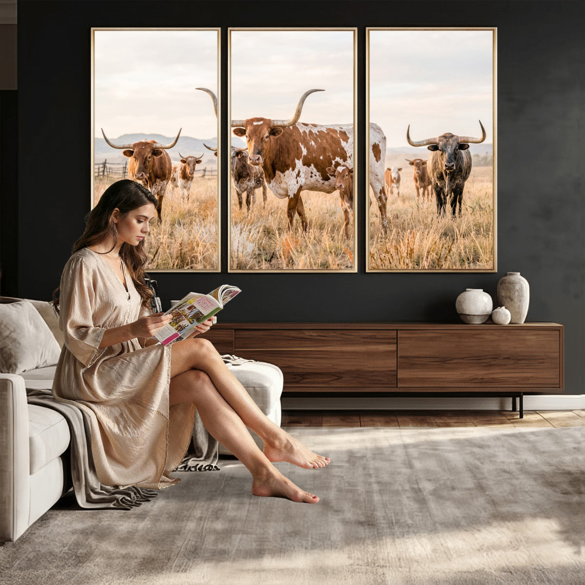 62336425AC-MGV-CV-36X24 - Texas Longhorn Canvas Wall Art, Rustic Farm Animal Photography Print, Farmhouse Country Decor, Western Ranch Art