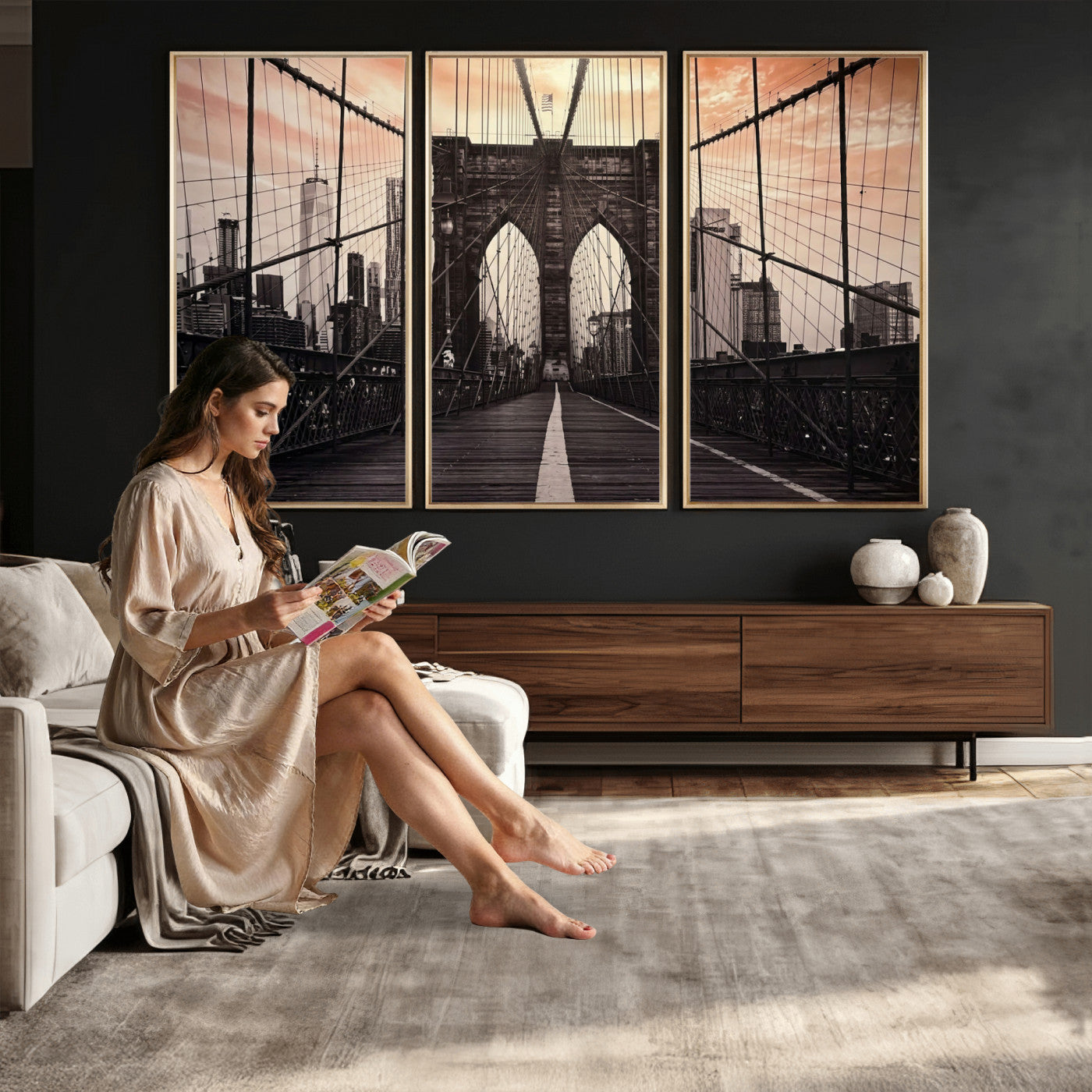 93226664-MGV-CV-36X24 - Brooklyn Bridge Canvas Wall Art, New York City Skyline Photography Print, NYC Landmark Urban Decor Artwork