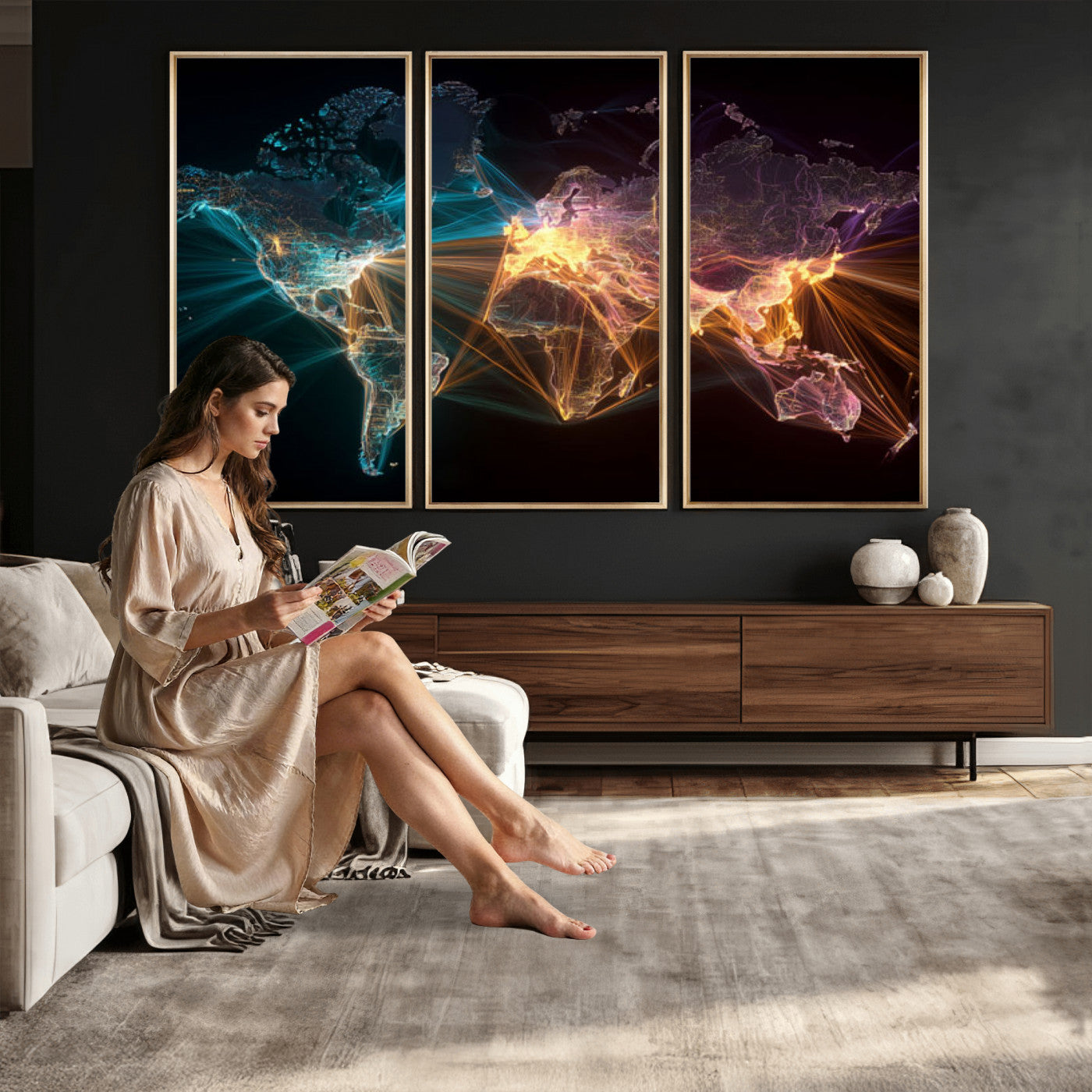 14891737-MGV-CV-36X24 - World Map and Global Flight Routes Map Canvas Wall Art, Worldwide Aviation Network Print, International Air Travel Wall Decor
