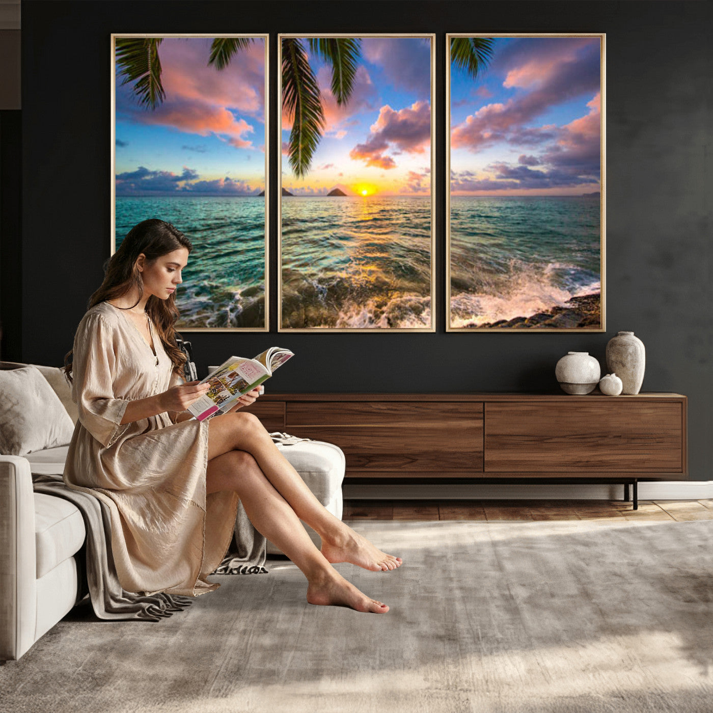 13207742-MGV-CV-36X24 - Hawaii Beach Sunset Canvas Wall Art Print, Tropical Ocean Landscape Artwork, Palm Tree Coastal Decor for Living Room Bedroom